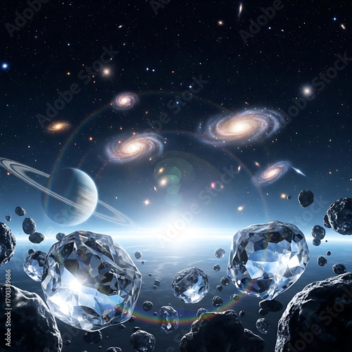 Diamonds and Asteroids Floating in a Cosmic Galaxy Space Scene