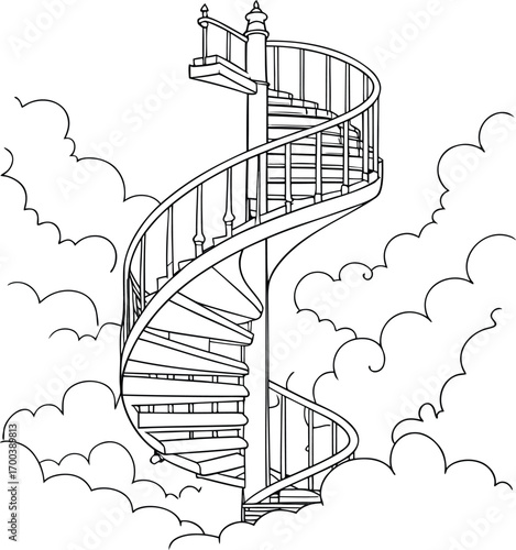 Architectural blueprint illustration of a spiral stairway to heaven