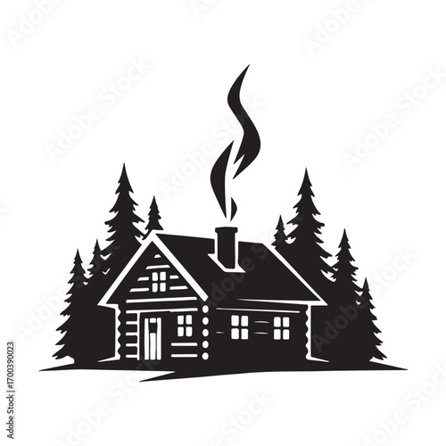 Cabin in the Woods Silhouette with Smoke and Pine Trees