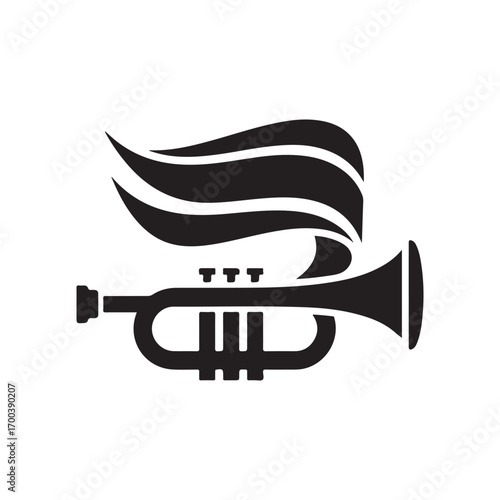 Minimalist Black Trumpet Silhouette with Dynamic Flowing Element on a White Background