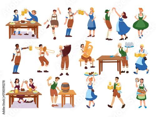 Cheerful Oktoberfest characters in Bavarian costumes dancing playing music serving beer and food with pretzels steins waiters servers and couples celebrating