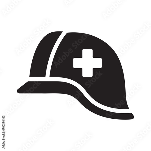 Flat Black Military Helmet Icon with White Medical Cross Symbol