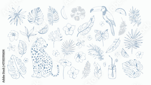 Tropical elements collection with leopard toucan banana and flowers