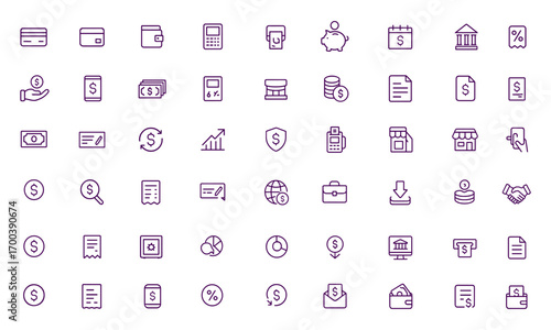 Banking Finance Vector Icon Set, Adjustable Line Weight, credit card, wallet, ATM, POS terminal, money vault, piggy bank, savings, mobile banking, cash register, secure payment, digital finance