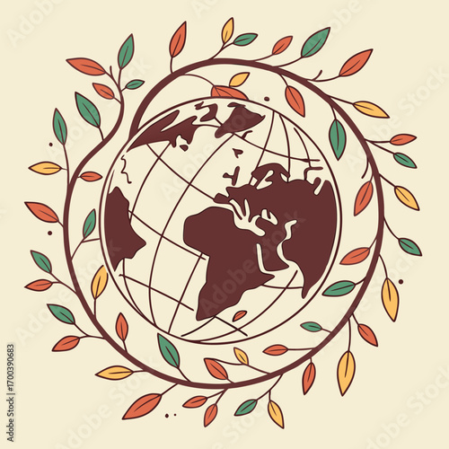A whimsical painting of the earth globe decorated with a swirling floral pattern of orange blossoms, leaves, and butterflies