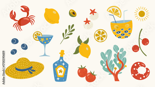 Summer vacation elements with fruits drinks and beach accessories