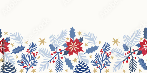 Festive horizontal border with poinsettias pine cones and holly leaves