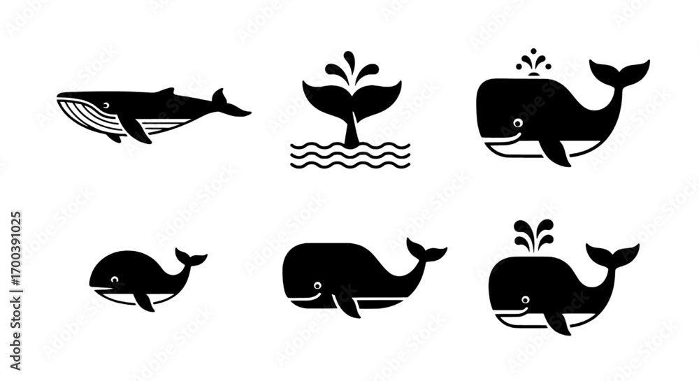 Naklejka premium Whale Icon Set Aquatic Mammal Graphics for Ocean-themed Designs