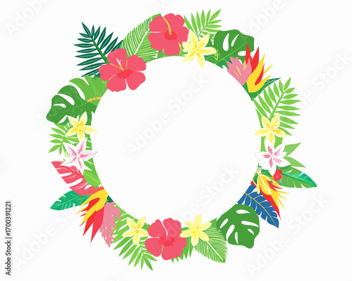 Tropical floral wreath with hibiscus and plumeria flowers