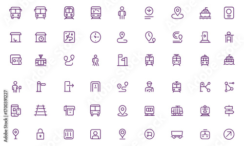 Public Transport Vector Icon Set, Train, Bus, Metro, Tram, Ship, Ticket, Station, Route, Commute, Schedule, Navigation, Terminal, Urban Travel, Adjustable Line Weight, Transit, Journey, City Mobility