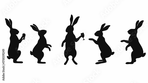 Five silhouettes of rabbits celebrating with drinks