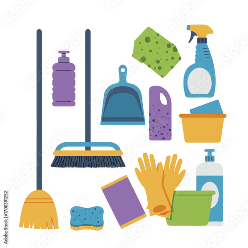 Cleaning supplies arranged neatly on white surface, including broom, spray bottle, and gloves, creating a sense of order and cleanliness.