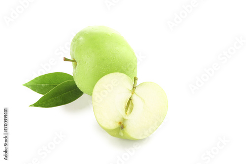 Wallpaper Mural Fresh Green Apples from Shaanxi Province China with Leaves Cut in Half on White Background Torontodigital.ca