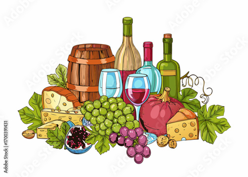 Still life of wine bottles cheese grapes and a barrel