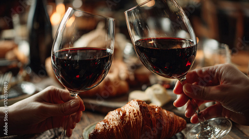 Hands hold red wine glasses filled with deep red wine, surrounded by croissants and a wine bottle on a French bistro table, creating an elegant celebration.