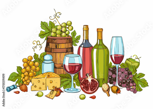 Wine tasting still life with grapes cheese barrel and pomegranate