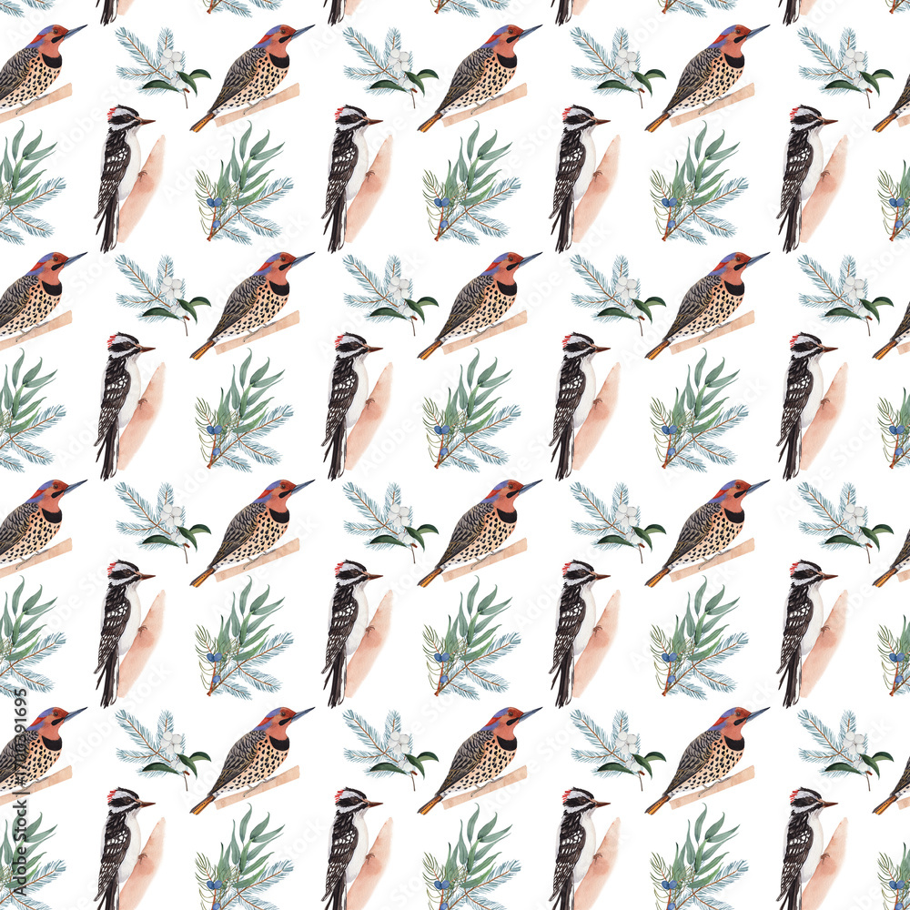 Fototapeta premium Watercolor Christmas seamless pattern with downy woodpecker, northern flicker, and bouquets of winter plants, hand-painted. Perfect for wrapping paper, fabric, holiday cards, invitations, and festive 