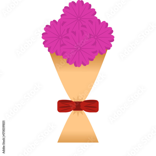 An elegant bouquet of bright pink flowers wrapped in light-colored paper and tied with a red bow.