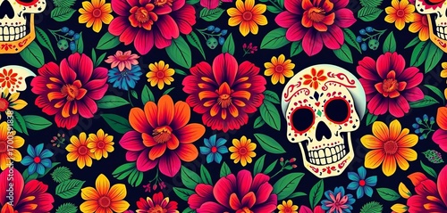 Vibrant Dia de los Muertos seamless pattern featuring sugar skulls & tropical flowers in alebrije style,  wallpaper,  repeated