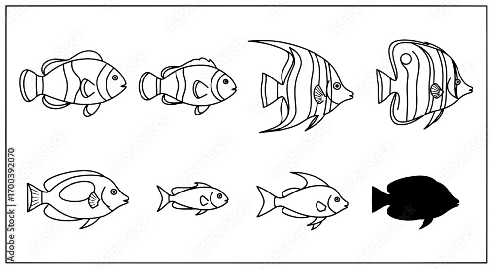 Fototapeta premium Collection of Tropical Fish Line Art Icons