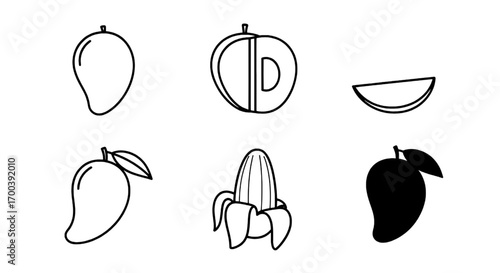 Vector line art of various fruits mango, plum, and banana