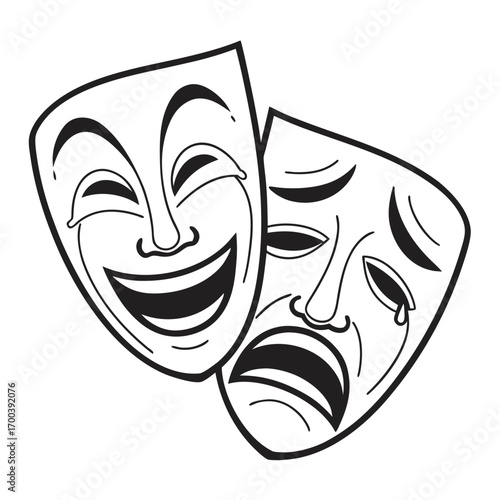 Vector icon of comedy and tragedy theater masks representing happy and sad faces for drama and arts culture