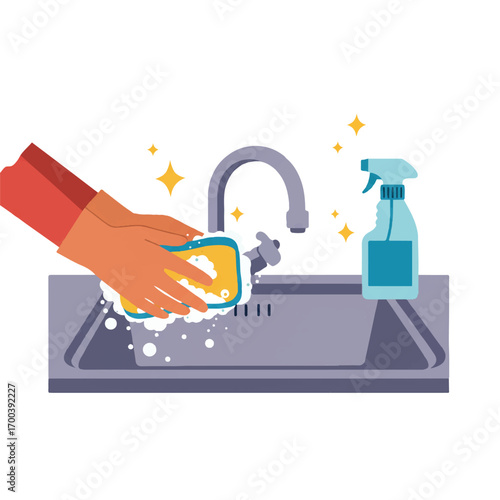 Hands wearing red gloves cleaning a stainless steel kitchen sink with a sponge and spray bottle, creating a sparkling clean and hygienic environment.