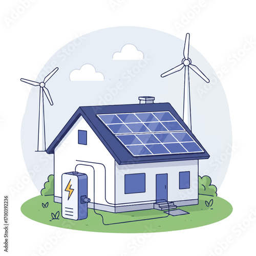 House powered by solar panels and wind turbines generating clean energy in a sustainable environment, promoting ecofriendly living and renewable resources.
