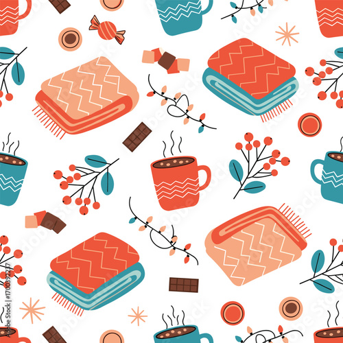 Cozy winter elements seamless pattern with hot drinks and blankets