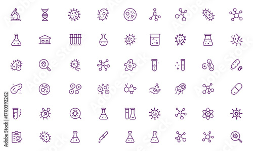 Biology Science Vector Icon Set, Laboratory, Microscope, DNA, Bacteria, Virus, Cells, Molecules, Neuron, Test Tube, Flask, Beaker, Atom, Germs, Microbiology, Research, Genetics, Biotechnology