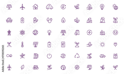 Clean Energy Vector Icon Set, Solar Panel, Wind Turbine, Eco House, Electric Vehicle, Recycling, Hydroelectric, Geothermal, Nuclear, Sustainable Innovation, Adjustable Line Weight, Renewable