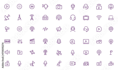Broadcast Vector Icon Set, Media Control, Camera, Microphone, Satellite, Radio, Stream, Headset, TV, Video, Signal, Podcast, Recording, Transmission, Technology, Adjustable Line Weight