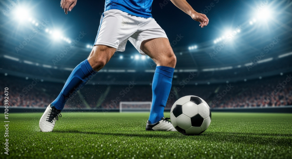 Naklejka premium Professional Soccer Player Demonstrates Dribbling Skills on Lush Green Field Under Stadium Lights
