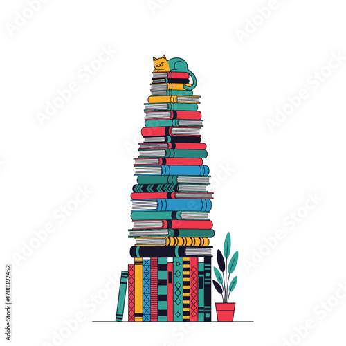 Tall stack of colorful books with a cat and plant