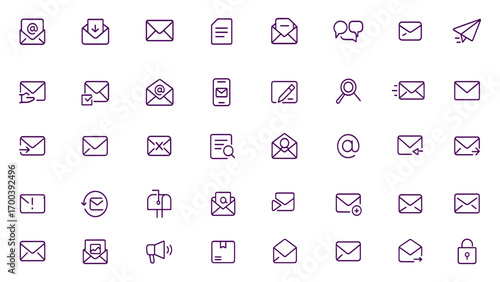 Mail Icon Set, Post, Envelope, Inbox, Letter, Messaging, Contact, Send, Receive, Communication, Office, Shipping, Telegram, Outline Stroke, Adjustable Line Weight, Electronic Mail, Delivery