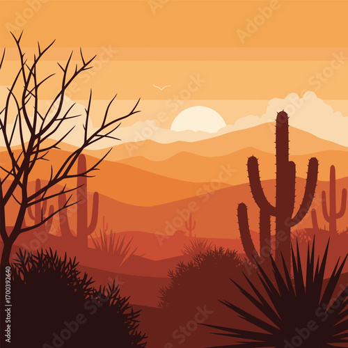 Vast arid landscape under a fiery sunset sky