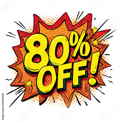 Exciting 80% OFF pop art graphic with explosion and stars