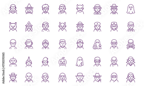 Halloween spooky costume icon set, vampire, witch, zombie, ghost, devil, Frankenstein, skeleton, monster, werewolf, mummy, goblin, dracula, demon, sorcerer, trick or treat, scary party symbols