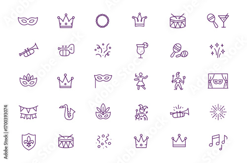 Mardi Gras Vector Icon Set, Festival Parade Party Celebration Symbols, Mask Crown Beads Drum Trumpet Maracas Confetti Music, Adjustable Line Weight, Carnival Costume Jazz Dance Illustration