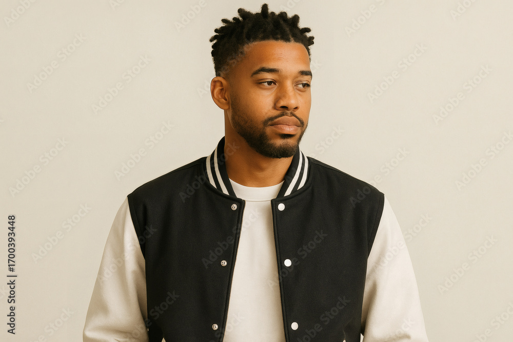 Obraz premium Stylish man wearing varsity jacket studio fashion portrait
