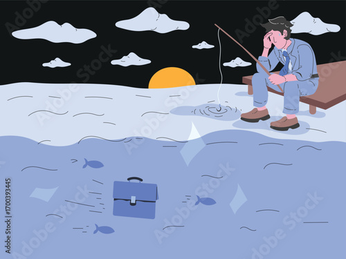 businessman fishing on an old wooden pier tries to find work but can't find it. Unemployment. illustration vector