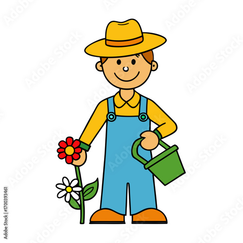 cartoon gardener man with straw hat  holding a water can