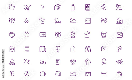 Travel Vacation Holiday Icon Set Vector, Adjustable Line Weight, Plane, Beach, Cruise, Camera, Passport, Suitcase, Compass, Sun, Cocktail, Resort, Flip Flops, Adventure, Relax, Trip, Explore, Journey