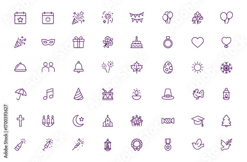 Calendar Event Holiday Celebration Icon Set, Festival Party Seasonal Cultural Traditional Romantic Graduation Nature Social Commemorative Festive, Adjustable Line Weight, Vector Illustration
