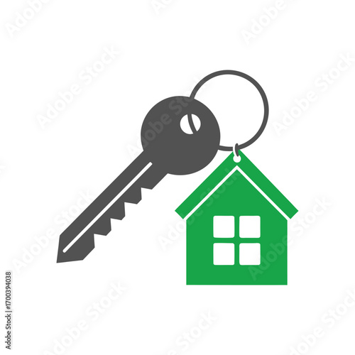 Gray House Key with Green House Shaped Keychain on White Background home real