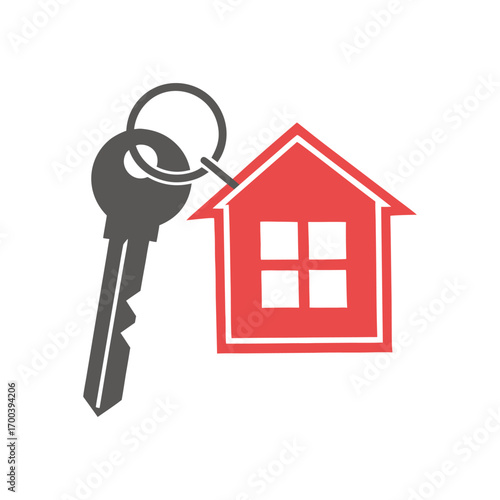 Red house icon with grey key on white background home real