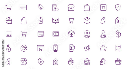Shopping Icon Vector Illustration, Online Store Icon Set, Cart, Payment, Credit Card, Checkout, Secure Transaction, Delivery, Purchase, Product, Discount, Receipt, Sale, Offer, E-Commerce