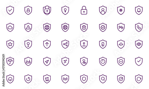 Shield Security Icon Set Vector Illustration, protection, privacy, encryption, lock, key, access, alert, cloud, network, firewall, safeguard, server, system, control, trust, password, backup, verify