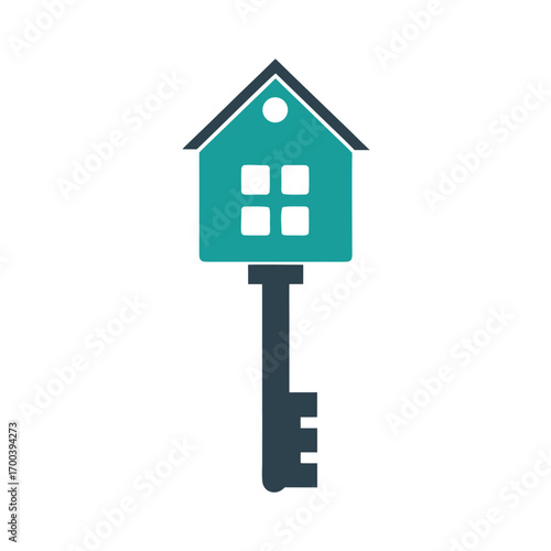 Teal house roof key icon with dark grey key shaft and teeth vector