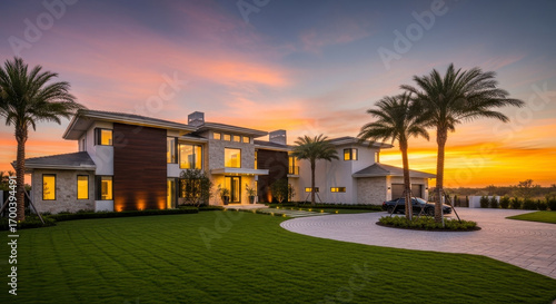 Exquisite Modern Luxury Residence Bathed in Golden Hour Sunset Glow